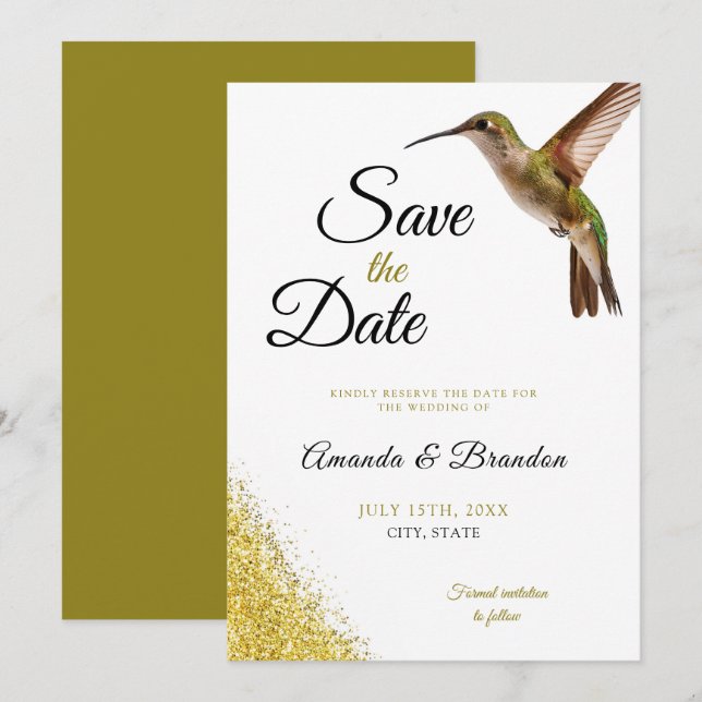 Reserva La Fecha Moda Green Hummingbird y Gold Dust Boda (Anverso / Reverso)