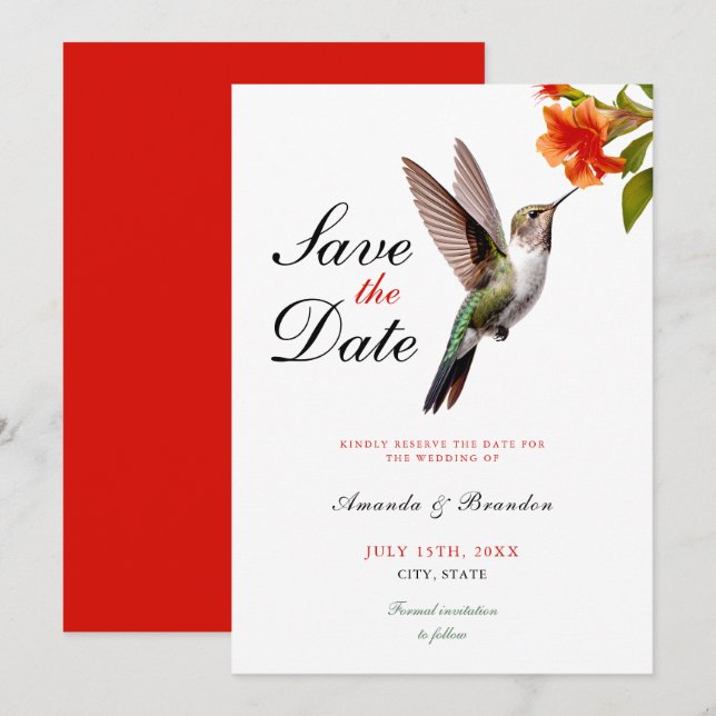 Reserva La Fecha Moda Hummingbird y Naranja Boda de flores (Anverso / Reverso)