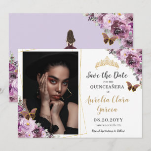 Reserva La Fecha Moda Mauve Plum Purple Floral Quinceañera Foto