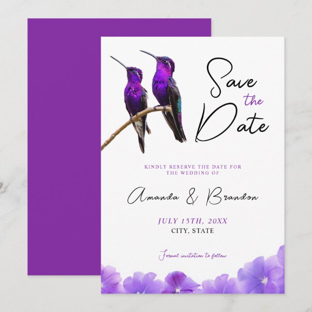 Reserva La Fecha Moda Morado Hummingbirds y Petales Boda (Anverso / Reverso)