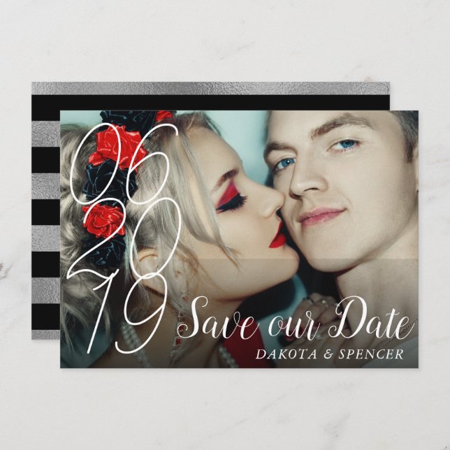 Reserva La Fecha Moda Plata negra | Fotografía con letras de mano m (Anverso / Reverso)