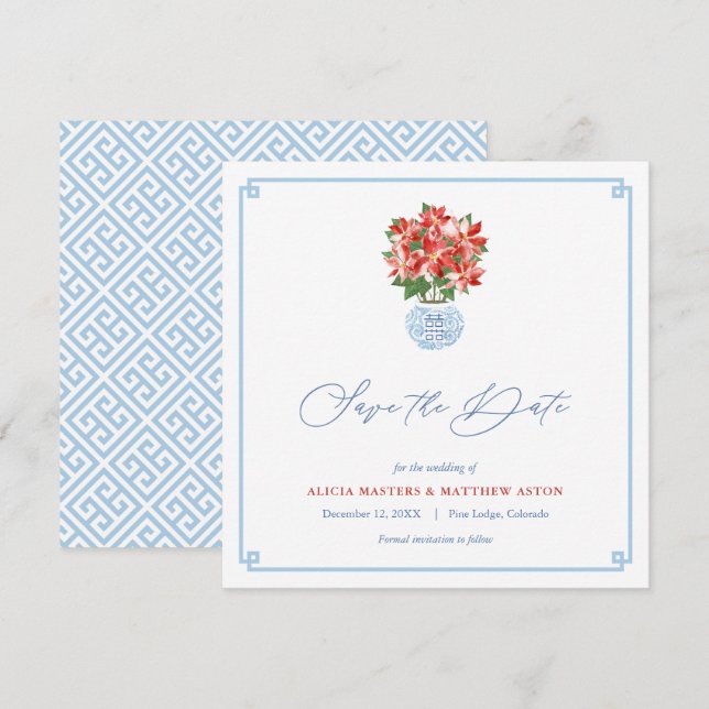 Reserva La Fecha Moda Red Poinsettia Chinoiserie Navidades Boda (Anverso / Reverso)
