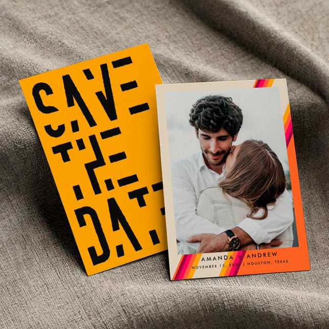 Reserva La Fecha Moda rosa y Naranja 70 Retro Stripes Boda (Front / Back)