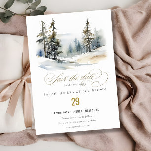 Reserva La Fecha Moda Winter Pine Trees Boda paisajístico de nieve