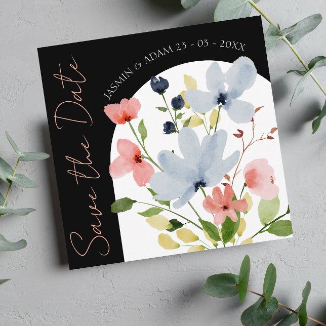 Reserva La Fecha Modern Arch Negro y Beige Floral Save The Date (Subido por el creador)