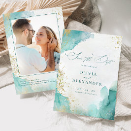 Reserva La Fecha Modern Beach Wedding Teal Gold Abstract Photo