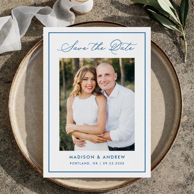 Reserva La Fecha Modern Blue Border Script Photo Wedding (Subido por el creador)