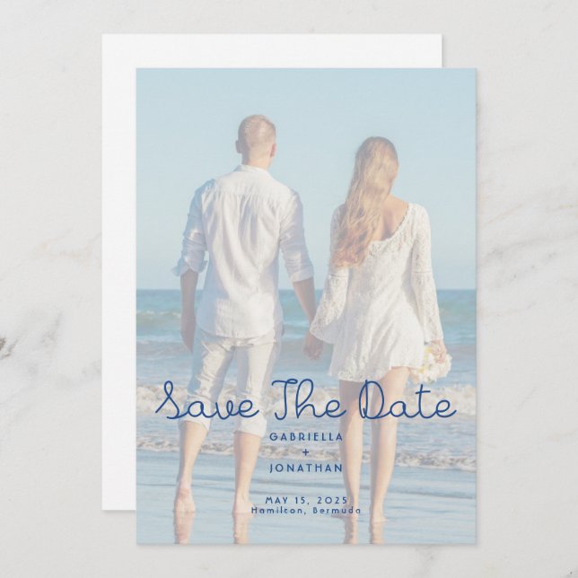 Reserva La Fecha Modern Blue Handwritten Wedding Photo  (Anverso / Reverso)