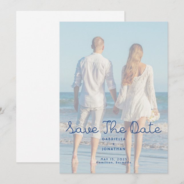Reserva La Fecha Modern Blue Handwritten Wedding Photo  (Anverso / Reverso)