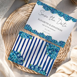Reserva La Fecha Modern Blue Hydrangeas Navy Blue Striped Wedding