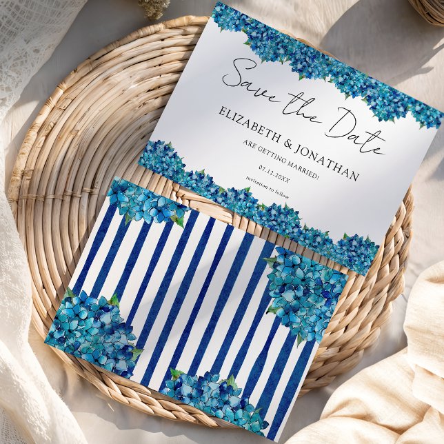 Reserva La Fecha Modern Blue Hydrangeas Navy Blue Striped Wedding (Subido por el creador)