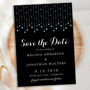Reserva La Fecha Modern Blue Silver Stars String Lights Wedding