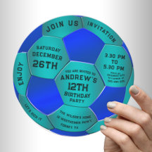 Modern Blue Text Soccer Ball Birthday Invitation