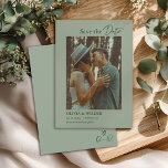 Reserva La Fecha Modern Boho Sage Green Wedding<br><div class="desc">Announce your big day with this boho wedding save the date in soft sage green,  featuring a modern layout,  minimalist typography,  and elegant script. Designed to highlight your engagement photo,  this simple yet romantic card blends rustic charm with timeless bohemian style.</div>