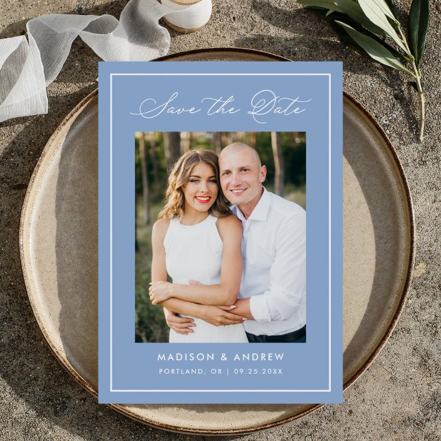 Reserva La Fecha Modern Border Script Blue Photo Wedding (Subido por el creador)