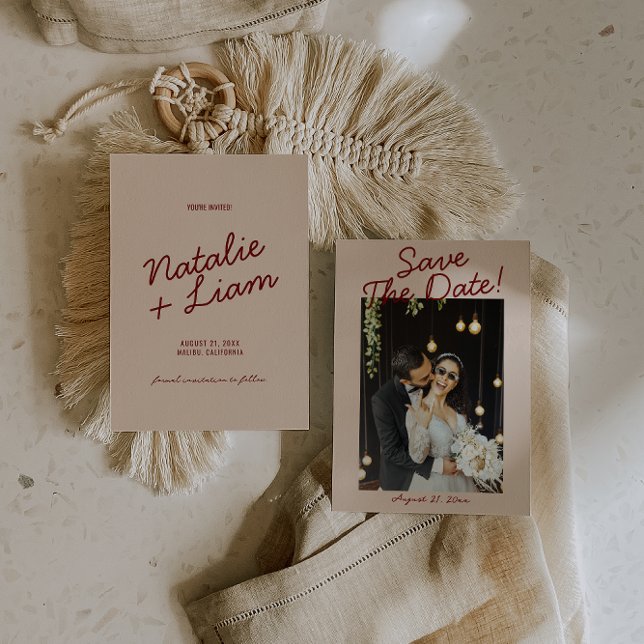 Reserva La Fecha Modern Burgundy Cream Whimsical Photo Wedding  (Subido por el creador)