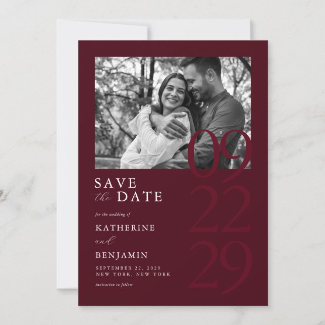 Reserva La Fecha Modern Burgundy Minimalist Photo Wedding (Anverso)