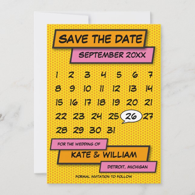 Reserva La Fecha Modern Calendar Fun Comic Book Save The Date (Anverso)
