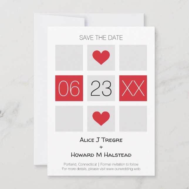 Reserva La Fecha Modern Checkerboard Wedding Date Names in Red (Anverso)