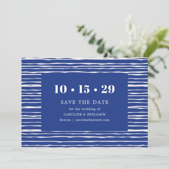 Reserva La Fecha Modern Coastal Blue Stripe Wedding (Anverso de pie)