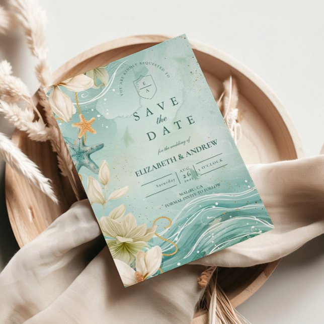 Reserva La Fecha Modern Coastal Wave Floral Wedding (Subido por el creador)
