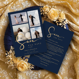 Reserva La Fecha Modern Collage Wedding Navy Blue & Faux Gold Scrip