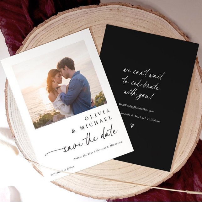 Reserva La Fecha Modern Cute Handwriting Black and White Wedding (Simple black and white save the date with couple photo and elegant modern handwriting script.)