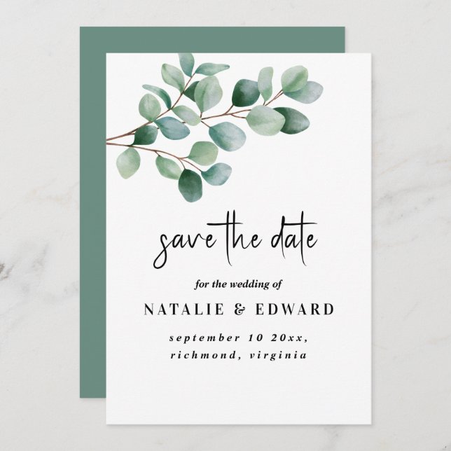 Reserva La Fecha Modern Eucalyptus Greenery Wedding (Anverso / Reverso)