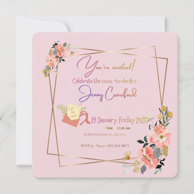 Reserva La Fecha  Modern Gold Frame | Custom Bride-to-Be Invite (Anverso)