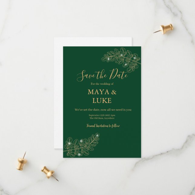 Reserva La Fecha Modern Gold leaves Emerald Green (Anverso/Reverso In Situ)