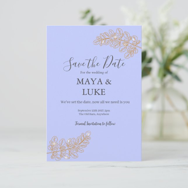 Reserva La Fecha Modern Gold leaves Lavender colour (Anverso de pie)