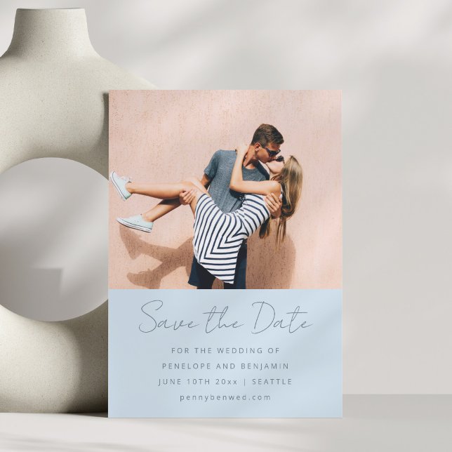 Reserva La Fecha Modern Handwritten Soft Blue Wedding Photo (Subido por el creador)