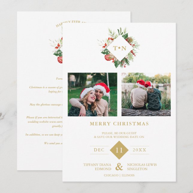 Reserva La Fecha Modern Initials Floral Christmas Wreath 2 Photos  (Anverso / Reverso)