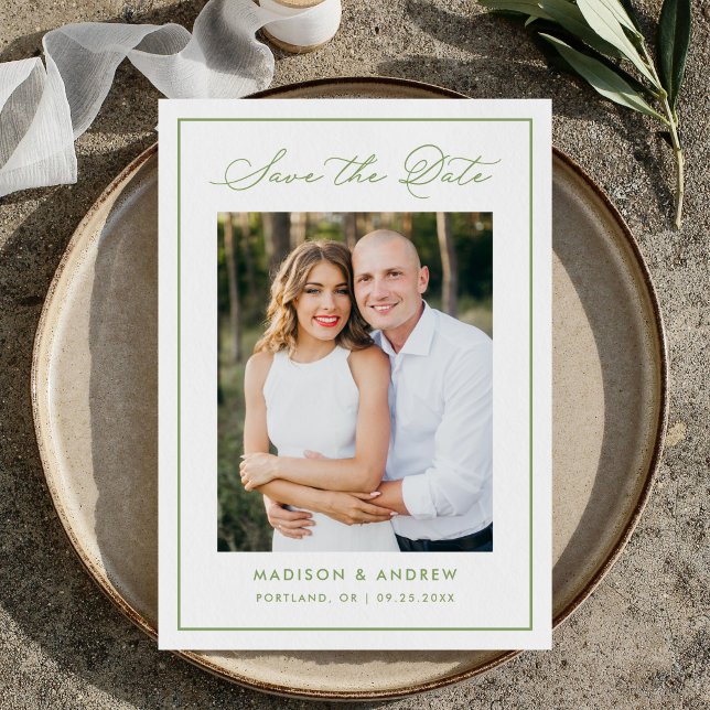 Reserva La Fecha Modern Olive Green Border Script Photo Wedding (Subido por el creador)