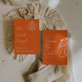 Reserva La Fecha Modern Orange Hand Drawn Retro Summer Wedding 
