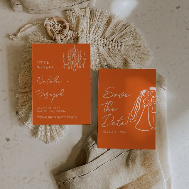 Reserva La Fecha Modern Orange Hand Drawn Retro Summer Wedding  (Subido por el creador)