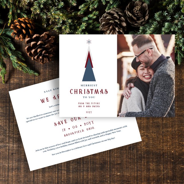 Reserva La Fecha Modern Original Christmas Tree Photo Couple (Modern Original Christmas Tree with Photo Holiday Card with Envelope as a Wedding Save the Date. )