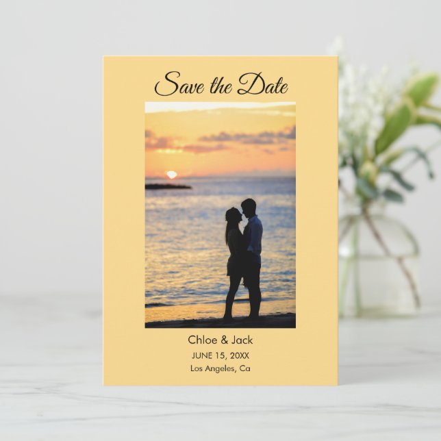 Reserva La Fecha Modern Photo Yellow Orange Save The Date Card (Anverso de pie)