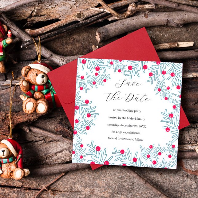 Reserva La Fecha Modern Pine Branch and Red Berry Christmas Pattern (Subido por el creador)