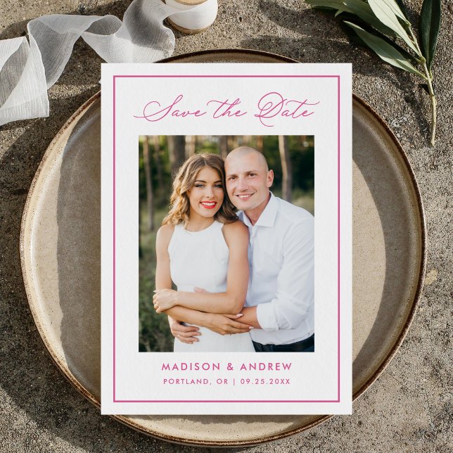 Reserva La Fecha Modern Pink Border Script Photo Wedding (Subido por el creador)