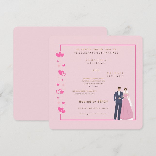 Reserva La Fecha Modern Pink Heart Wedding Invitation - Customizabl (Anverso / Reverso)