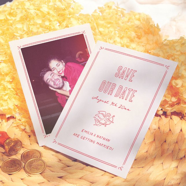 Reserva La Fecha Modern Quirky Retro Hand Drawn Cupid Photo Wedding (Subido por el creador)
