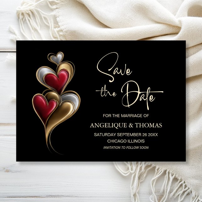 Reserva La Fecha Modern Red and Gold Hearts Wedding Save the Date (Subido por el creador)
