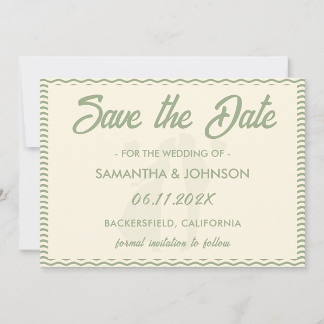 Reserva La Fecha Modern Sage Green Wavy Stripe Wedding (Anverso)