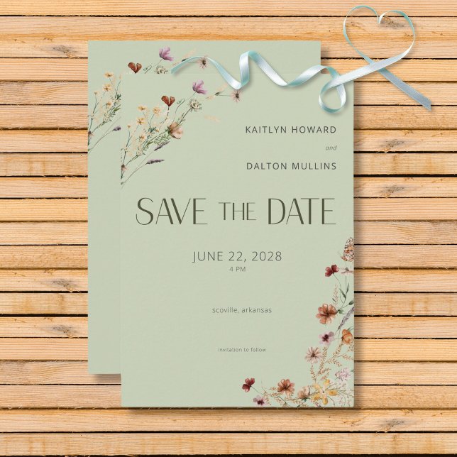 Reserva La Fecha Modern Sage Green Wildflowers Bouquet Boda (Modern Sage Green Wildflower Bouquet Wedding Save the Date Card)