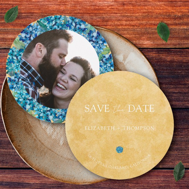 Reserva La Fecha Modern Sand Blue Hydrangea Round Wedding (Subido por el creador)
