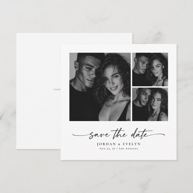 Reserva La Fecha Modern Script Black & White 3 Photo Save the Date (Anverso / Reverso)