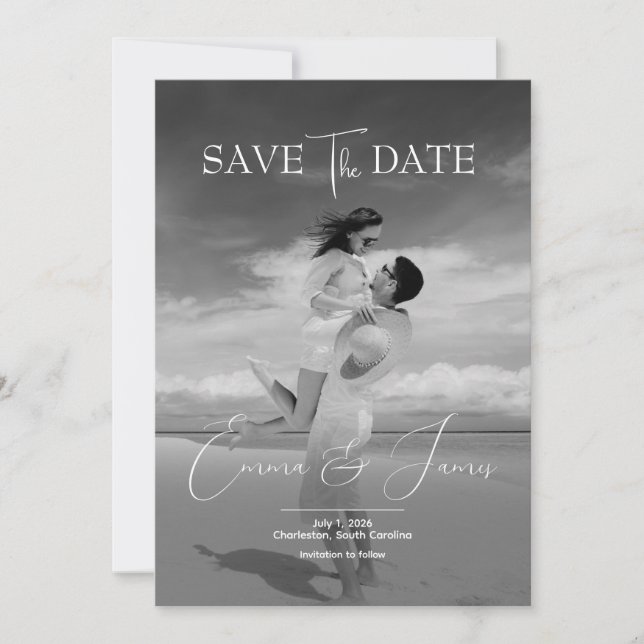 Reserva La Fecha Modern Script Elegant Greyscale Wedding Photo (Anverso)