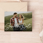 Reserva La Fecha Modern script navy save the date photo card<br><div class="desc">With a single horizontal photo and a modern script written "save the date, " this card is the perfect way to announce your engagement and upcoming wedding to friends and family. The white text is bold and modern but still sophisticated. The customizable text on the front has room for names,...</div>