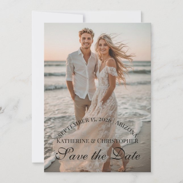 Reserva La Fecha Modern Script Two Beach Photos Destination Wedding (Anverso)